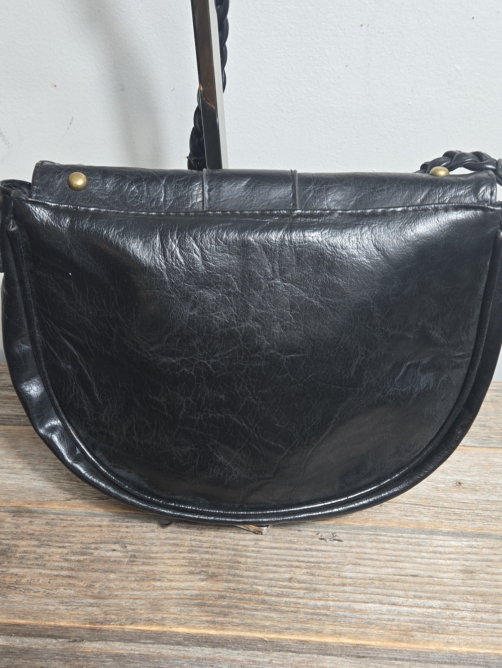 Black Studded Leather Saddle Braided Crossbody Bag - Picture 3 of 10